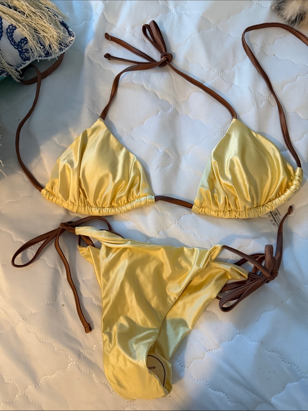 Satin Yellow Tie-Strap Bikini Set with Brown Tabs